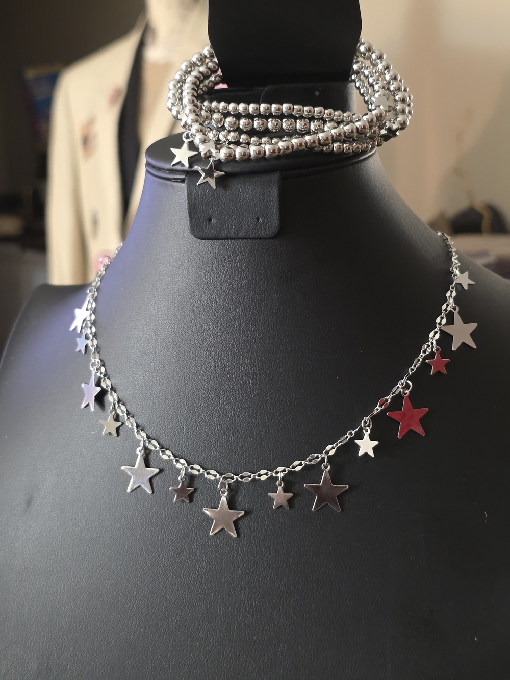 Silver Star Charm Necklace with Matching Beaded Bracelets